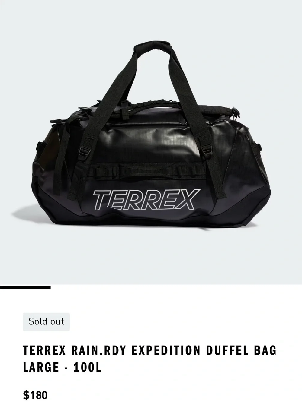 ADIDAS BLACK TERREX RAIN.RDY EXPEDITION 100L BACKPACK DUFFEL BAG